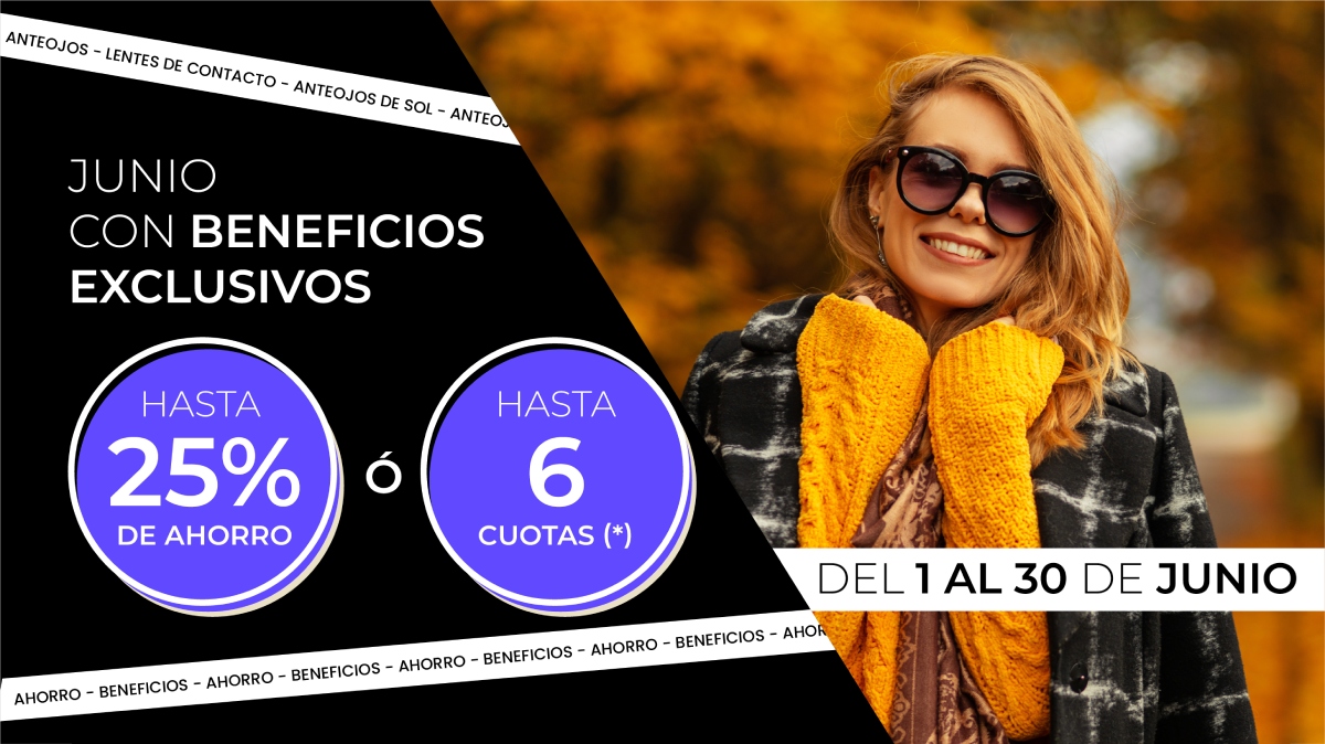 Gafas de sol y anteojos sobre mesa de madera en exterior con oferta de hasta 25% de descuento o financiación en 6 cuotas durante mayo